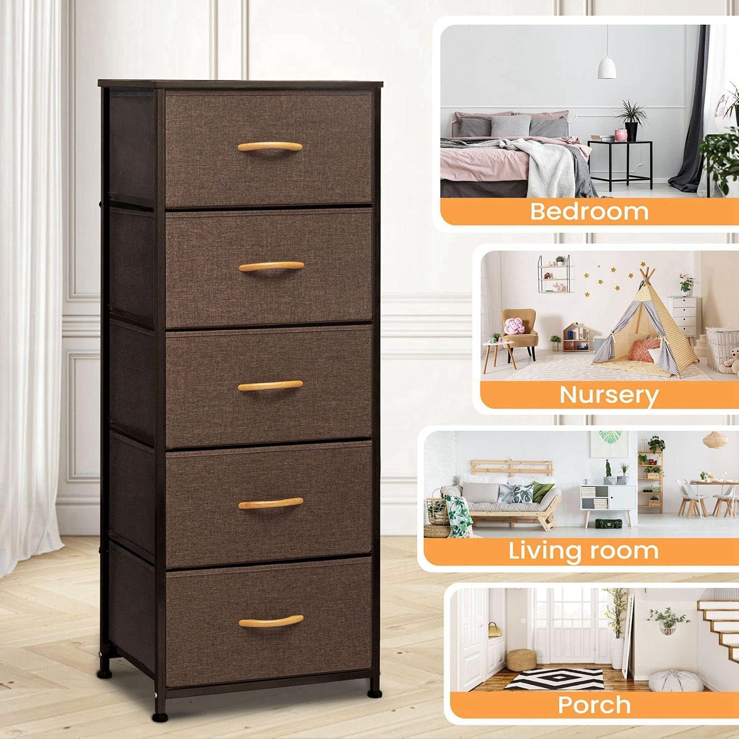 Dresser for Bedroom with 5 Drawers, Tall Dresser Vertical Storage Tower, Sturdy Metal Frame, Fabric Storage Bins with Wooden Handle and Wooden Top, Organizer Unit for Closet/Hallway, Brown