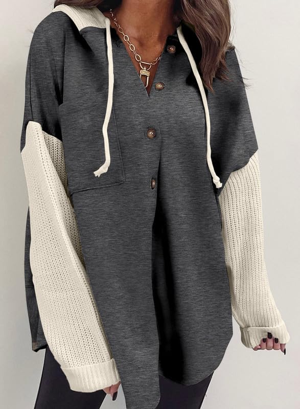 SHEWIN Oversized Sweatshirts for Women Loose Fit Casual Long Sleeve Button Hooded Sweatshirt Hoodie with Pocket