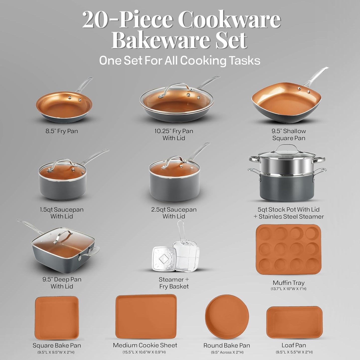 Gotham Steel 20 Pc Pots and Pans Set, Bakeware Set, Ceramic Cookware Set for Kitchen, Long Lasting Non Stick Pots and Pans Set with Lids Dishwasher / Oven Safe, Non Toxic-Copper