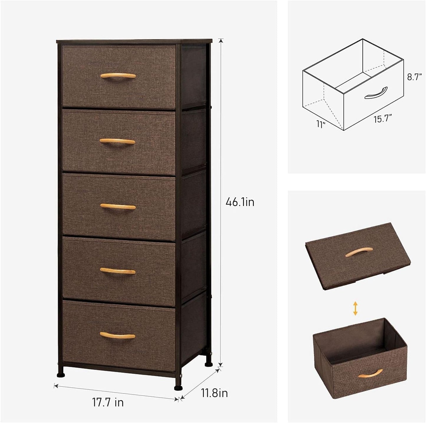 Dresser for Bedroom with 5 Drawers, Tall Dresser Vertical Storage Tower, Sturdy Metal Frame, Fabric Storage Bins with Wooden Handle and Wooden Top, Organizer Unit for Closet/Hallway, Brown