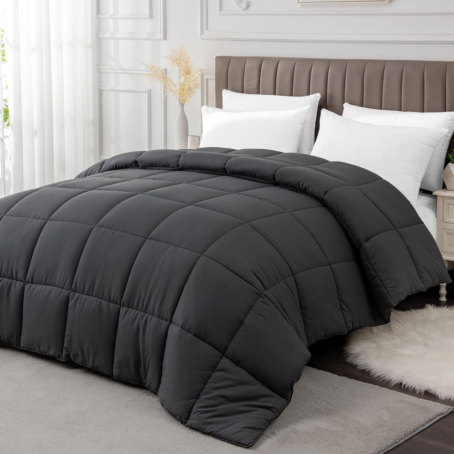 California King Comforter Duvet Insert - All Season Dark Grey Comforters Cal King - Quilted down Alternative Bedding Comforter with Corner Tabs - Winter Summer Fluffy Soft - Machine Washable