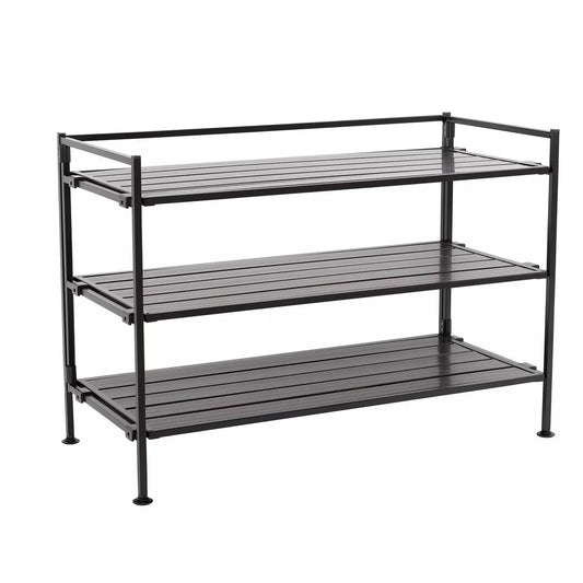 3-Tier Stackable Interlock 12-Pair Resin Slat Sturdy Metal Frame Shoe Storage Rack Organizer, Espresso Slat